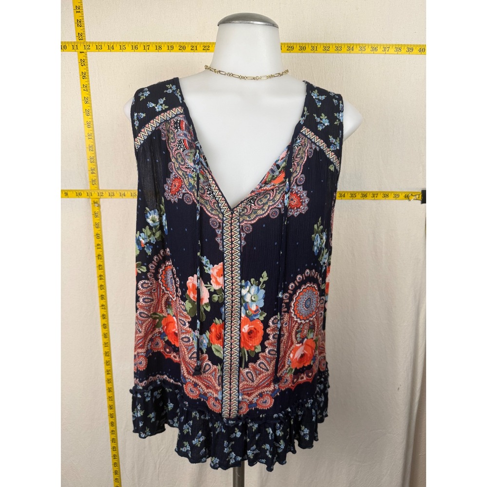 Navy Floral Paisley Mini Dress Large Artsy Peasant Bohemian Relaxed Lightweight